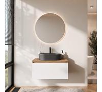 Planetmöbel Arisa Ensemble de meubles de salle de bain avec meuble bas 80 cm chêne doré blanc avec miroir Nova Lavabo 55 cm noir + siphon économiseur d'espace