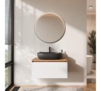 Planetmöbel Arisa Ensemble de meubles de salle de bain avec meuble bas 80 cm chêne doré blanc avec miroir Veluna Lavabo 60 cm noir + siphon économiseur d'espace