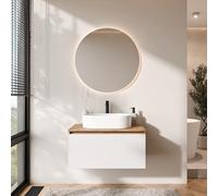 Planetmöbel Arisa Ensemble de meubles de salle de bain avec meuble bas 80 cm chêne doré blanc avec miroir Nova Lavabo 55 cm blanc + siphon d'économie d'espace