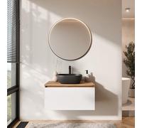 Planetmöbel Arisa Ensemble de meubles de salle de bain avec meuble bas 80 cm chêne doré blanc avec miroir Veluna Lavabo 42 cm noir + siphon économiseur d'espace