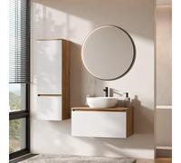 Planetmöbel Arisa Ensemble de meubles de salle de bain avec meuble bas 80 cm chêne doré blanc avec miroir Veluna et armoire haute, lavabo de 42 cm blanc, avec siphon d'économie d'espace