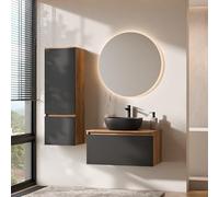 Planetmöbel Arisa Ensemble de meubles de salle de bain avec meuble bas 80 cm chêne doré noir avec miroir Nova et armoire haute, lavabo 42 cm noir, avec siphon d'économie d'espace