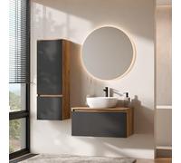 Planetmöbel Arisa Ensemble de meubles de salle de bain avec meuble bas 80 cm chêne doré noir (strié), miroir Nova et armoire haute, lavabo de 42 cm blanc, avec siphon d'économie d'espace