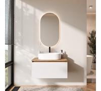 Planetmöbel Arisa Ensemble de meubles de salle de bain avec meuble bas de 80 cm chêne doré blanc avec miroir LED, lavabo de 55 cm blanc, avec siphon d'économie d'espace