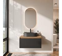 Planetmöbel Arisa Ensemble de meubles de salle de bain, avec meuble bas de 80 cm, chêne doré, noir, miroir LED, lavabo de 55 cm noir, avec siphon d'économie d'espace
