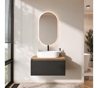 Planetmöbel Arisa Ensemble de meubles de salle de bain, avec meuble bas de 80 cm, chêne doré, noir, miroir LED, lavabo de 55 cm blanc, avec siphon d'économie d'espace