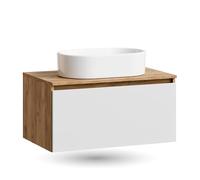 Planetmöbel Arisa Ensemble de meubles de salle de bain, lavabo de 80 cm, chêne doré, blanc, lavabo de 55 cm, avec siphon d'économie d'espace