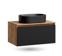 Planetmöbel Arisa Ensemble de meubles de salle de bain, lavabo de 80 cm, chêne doré, noir, lavabo de 55 cm, avec siphon économiseur d'espace