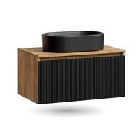 Planetmöbel Arisa Ensemble de meubles de salle de bain, lavabo de 80 cm, chêne doré (strié), lavabo de 55 cm noir, avec siphon économiseur d'espace