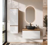 Planetmöbel Arisa - Ensemble de meubles de salle de bain - Meuble bas - 80 cm - Chêne doré blanc - Miroir LED et armoire haute - Lavabo 42 cm noir - Avec siphon d'économie d'espace