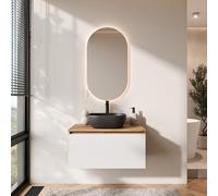 Planetmöbel Arisa - Ensemble de meubles de salle de bain - Meuble bas - 80 cm - Chêne doré blanc (strié) - Avec miroir LED - Lavabo 42 cm noir - Avec siphon d'économie d'espace