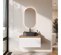 Planetmöbel Arisa - Ensemble de meubles de salle de bain - Meuble bas de 80 cm - Chêne doré blanc - Avec miroir LED - Lavabo de 55 cm noir - Avec siphon d'économie d'espace