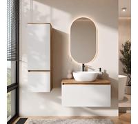 Planetmöbel Arisa - Ensemble de meubles de salle de bain - Meuble bas de 80 cm - Chêne doré blanc - Miroir LED et armoire haute - Lavabo 42 cm blanc - Avec siphon d'économie d'espace