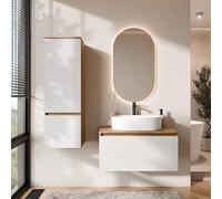 Planetmöbel Arisa - Ensemble de meubles de salle de bain - Meuble bas de 80 cm - Chêne doré blanc - Miroir LED et armoire haute - Lavabo de 55 cm - Blanc - Avec siphon d'économie d'espace