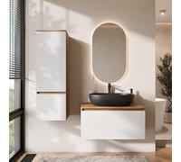 Planetmöbel Arisa - Ensemble de meubles de salle de bain - Meuble bas de 80 cm - Chêne doré blanc - Miroir LED et armoire haute - Lavabo de 60 cm - Noir - Avec siphon d'économie d'espace