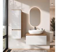 Planetmöbel Arisa - Ensemble de meubles de salle de bain - Meuble bas de 80 cm - Chêne doré blanc - Miroir LED et armoire haute - Lavabo de 60 cm - Blanc - Avec siphon d'économie d'espace