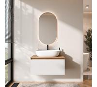 Planetmöbel Arisa - Ensemble de meubles de salle de bain - Meuble bas de 80 cm - Chêne doré blanc (strié) - Avec miroir LED - Lavabo de 60 cm - Blanc - Avec siphon d'économie d'espace