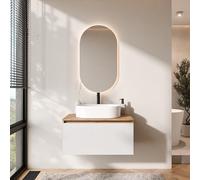 Planetmöbel Arisa - Ensemble de meubles de salle de bain - Meuble bas de 80 cm - Chêne doré blanc (strié) - Avec miroir LED - Lavabo de 55 cm - Blanc - Avec siphon d'économie d'espace
