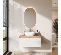 Planetmöbel Arisa - Ensemble de meubles de salle de bain - Meuble bas de 80 cm - Chêne doré et blanc - Avec miroir LED - Lavabo de 42 cm - Blanc - Avec siphon d'économie d'espace