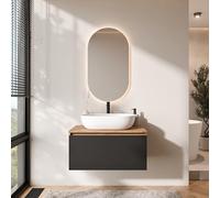 Planetmöbel Arisa - Ensemble de meubles de salle de bain - Meuble bas de 80 cm - Chêne doré et noir - Avec miroir LED - Lavabo de 60 cm - Blanc - Avec siphon d'économie d'espace