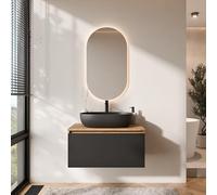Planetmöbel Arisa - Ensemble de meubles de salle de bain - Meuble bas de 80 cm - Chêne doré noir - Avec miroir LED - Lavabo de 60 cm - Noir - Avec siphon d'économie d'espace