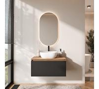 Planetmöbel Arisa - Ensemble de meubles de salle de bain - Meuble bas de 80 cm - Chêne doré noir - Avec miroir LED - Lavabo 42 cm blanc - Avec siphon d'économie d'espace