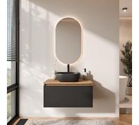 Planetmöbel Arisa - Ensemble de meubles de salle de bain - Meuble bas de 80 cm - Chêne doré noir - Avec miroir LED - Lavabo de 42 cm noir - Avec siphon d'économie d'espace