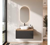 Planetmöbel Arisa - Ensemble de meubles de salle de bain - Meuble bas de 80 cm - Chêne doré noir (strié) - Avec miroir LED - Lavabo 42 cm blanc - Avec siphon d'économie d'espace