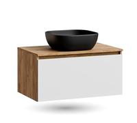 Planetmöbel Arisa - Ensemble de meubles de salle de bain - Meuble de salle de bain - 80 cm - Chêne doré blanc - Lavabo 42 cm noir - Avec siphon d'économie d'espace