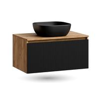 Planetmöbel Arisa - Ensemble de meubles de salle de bain - Meuble de salle de bain - 80 cm - Chêne doré noir (strié), lavabo 42 cm noir - Avec siphon d'économie d'espace