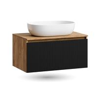 Planetmöbel Arisa - Ensemble de meubles de salle de bain - Meuble de salle de bain - 80 cm - Chêne doré noir (strié), lavabo de 60 cm - Blanc - Avec siphon d'économie d'espace