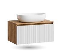 Planetmöbel Arisa Ensemble de meubles de salle de bain Meuble-lavabo 80 cm Chêne doré blanc (rainuré), Vasque 60 cm blanc, incl. siphon gain de place