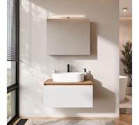 Planetmöbel Arisa - Meuble de salle de bain - Meuble bas - 80 cm - Chêne doré blanc (strié) - Avec armoire miroir ARIA - Lavabo de 55 cm - Blanc - Avec siphon d'économie d'espace