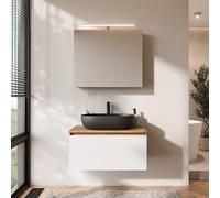Planetmöbel Arisa - Meuble de salle de bain - Meuble bas - 80 cm - Chêne doré et blanc - Avec armoire miroir ARIA - Lavabo de 60 cm - Noir - Avec siphon d'économie d'espace
