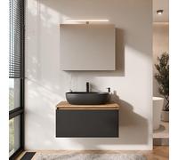 Planetmöbel Arisa - Meuble de salle de bain - Meuble bas - 80 cm - Chêne doré et noir - Avec armoire miroir ARIA - Lavabo de 60 cm - Noir - Avec siphon d'économie d'espace