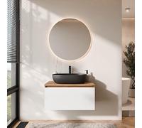 Planetmöbel Arisa - Meuble de salle de bain - Meuble bas de 80 cm - Chêne doré et blanc - Avec miroir Nova - Lavabo de 60 cm - Noir - Avec siphon d'économie d'espace
