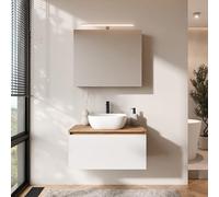 Planetmöbel Arisa - Meuble de salle de bain - Meuble de salle de bain - Meuble bas - 80 cm - Chêne doré et blanc - Avec armoire miroir ARIA - Lavabo 42 cm - Blanc - Avec siphon d'économie d'espace