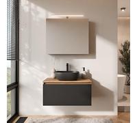 Planetmöbel Arisa - Meuble de salle de bain - Meuble de salle de bain - Meuble bas - 80 cm - Chêne doré et noir - Avec armoire miroir ARIA - Lavabo 42 cm noir - Avec siphon d'économie d'espace