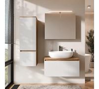 Planetmöbel Arisa - Meuble de salle de bain - Meuble de salle de bain - Meuble bas de 80 cm - Chêne doré blanc (strié) - Avec armoire miroir et armoire haute ARIA - Lavabo de 60 cm - Blanc - Avec