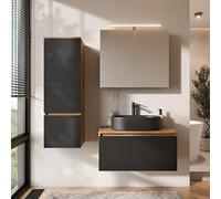 Planetmöbel Arisa - Meuble de salle de bain - Meuble de salle de bain - Meuble bas de 80 cm - Chêne doré et noir - Avec armoire miroir et armoire haute ARIA - Lavabo de 55 cm - Noir - Avec siphon