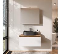Planetmöbel Arisa - Meuble de salle de bain - Meuble de salle de bain - Meuble bas de 80 cm - Chêne doré et blanc - Avec armoire miroir ARIA - Lavabo de 55 cm - Noir - Avec siphon d'économie d'espace