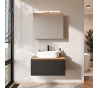 Planetmöbel Arisa - Meuble de salle de bain - Meuble de salle de bain - Meuble bas de 80 cm - Chêne doré et noir - Avec armoire miroir ARIA - Lavabo de 55 cm - Blanc - Avec siphon d'économie d'espace