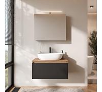 Planetmöbel Arisa - Meuble de salle de bain - Meuble de salle de bain - Meuble bas de 80 cm - Chêne doré et noir - Avec armoire miroir ARIA - Lavabo de 60 cm - Blanc - Avec siphon d'économie d'espace