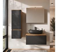 Planetmöbel Arisa - Meuble de salle de bain - Meuble de salle de bain - Meuble bas de 80 cm - Chêne doré et noir (strié) - Avec armoire miroir et armoire haute ARIA - Lavabo de 60 cm - Noir - Avec
