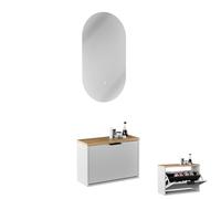 Planetmöbel Armoire à chaussures étroite avec miroir ovale avec éclairage (2 niveaux de lumière), commode à chaussures avec 1 rabat et 2 étagères, ensemble de garde-robe, 60 x 23 x 42,5 cm, blanc/gris