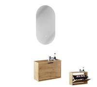 Planetmöbel Armoire à chaussures étroite avec miroir ovale avec éclairage (2 niveaux de lumière), commode à chaussures avec 1 rabat et 2 étagères, 60 x 23 x 42,5 cm, chêne doré