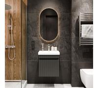 Planetmöbel Cosmia Ensemble de meubles de salle de bain avec lavabo 50 x 60 x 35 cm, anthracite, miroir avec éclairage de 50 cm, robinet de salle de bain doré brossé, lavabo en céramique avec tiroir