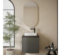 Planetmöbel Ensemble de Meubles de Salle de Bain Vasque 56 x 55 x 30 cm Anthracite et chêne doré, Miroir avec éclairage, 50,7 x 90,7 cm, sans Cadre, Ovale, 2 Niveaux d'éclairage, Interrupteur Tactile