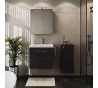 Planetmöbel Ensemble de Meubles de Salle de Bains Lavabo avec Meuble Bas 63 x 60 x 36,5 cm, Armoire de Toilette 60 cm avec Lampe LED (Noir Mat) & Prise de Courant, Armoire Centrale, Anthracite