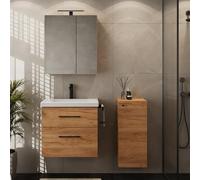 Planetmöbel Ensemble de Meubles de Salle de Bains Lavabo avec Meuble Bas 63 x 60 x 36,5 cm, Armoire de Toilette 60 cm avec Lampe LED (Noir Mat) & Prise de Courant, Armoire Centrale, chêne doré